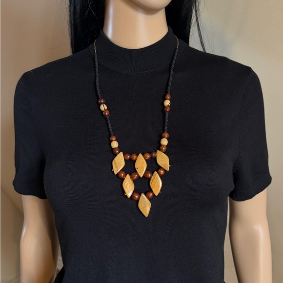 Artisan Hand-Carved Wooden Geometric Bib Statement Necklace - Picture 4 of 12